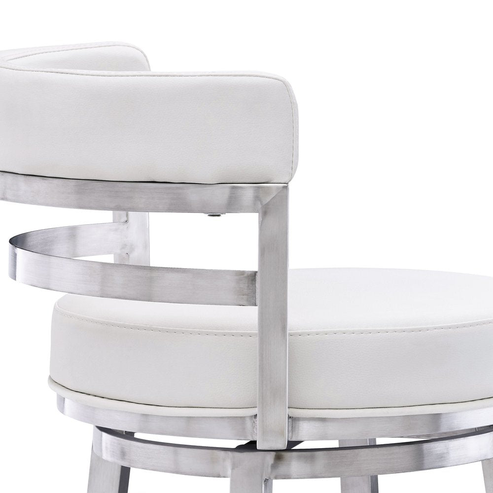 30" White And Silver Faux Leather And Faux Leather And Iron Low Back Bar Height Swivel Bar Chair