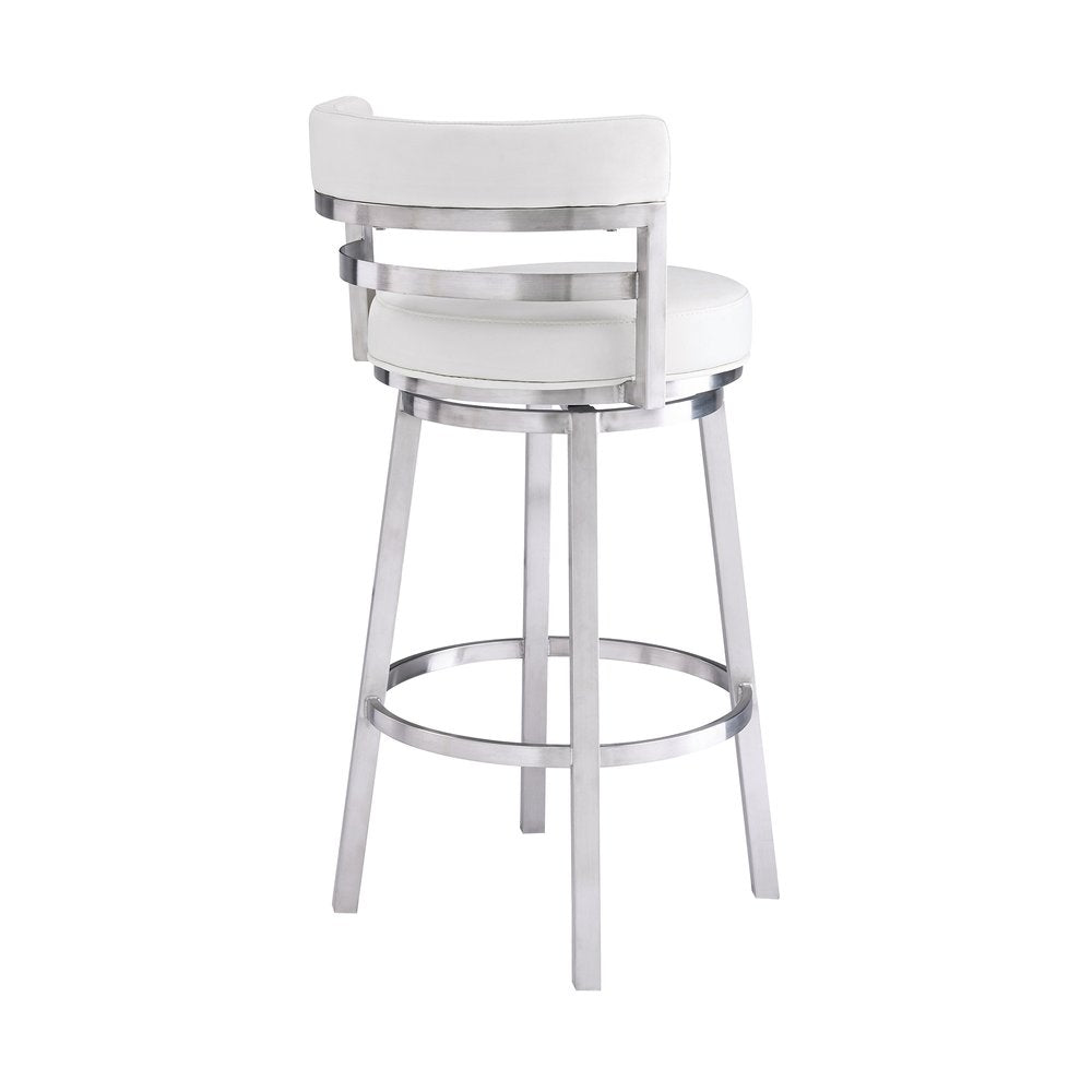 30" White And Silver Faux Leather And Faux Leather And Iron Low Back Bar Height Swivel Bar Chair