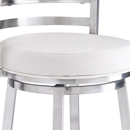 30" White and Silver Faux Leather and Iron Low Back Bar Height Swivel Bar Chair