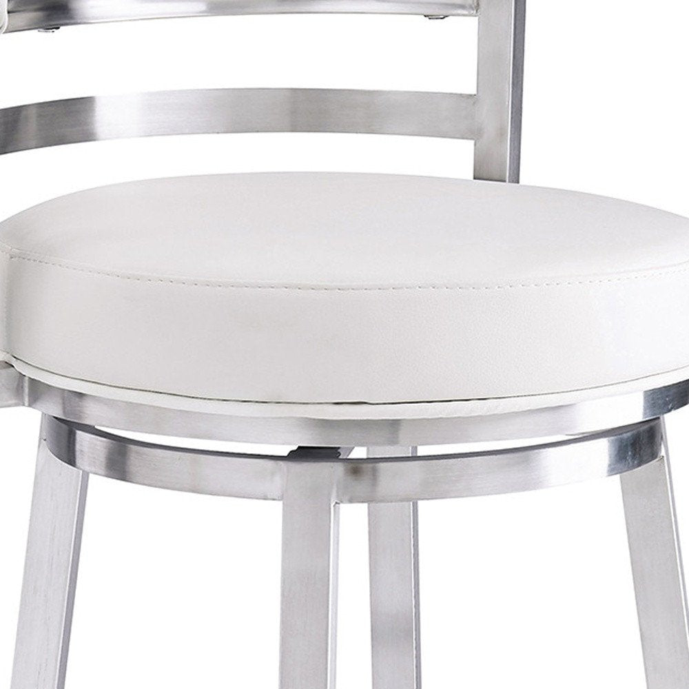 30" White And Silver Faux Leather And Faux Leather And Iron Low Back Bar Height Swivel Bar Chair