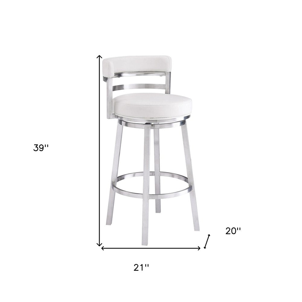 30" White And Silver Faux Leather And Faux Leather And Iron Low Back Bar Height Swivel Bar Chair