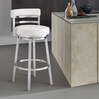 26" White And Silver Faux Leather And Faux Leather And Iron Low Back Counter Height Swivel Bar Chair