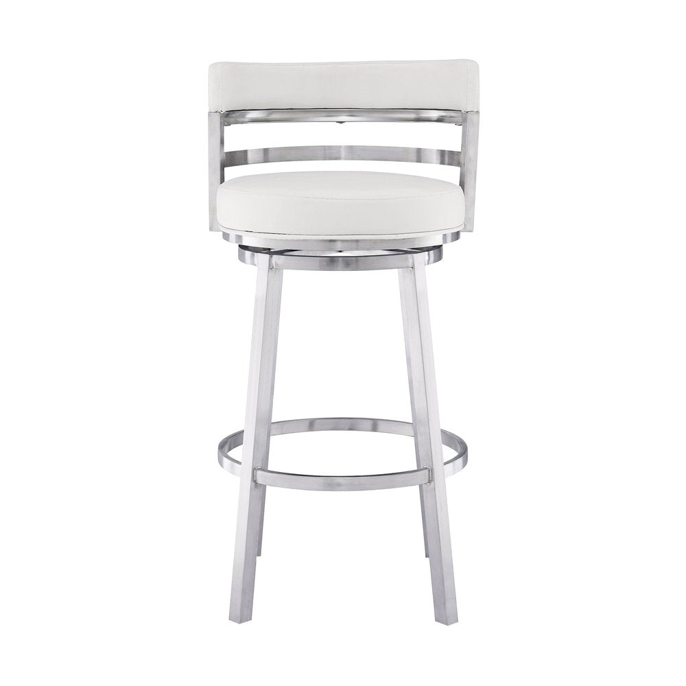 26" White And Silver Faux Leather And Faux Leather And Iron Low Back Counter Height Swivel Bar Chair