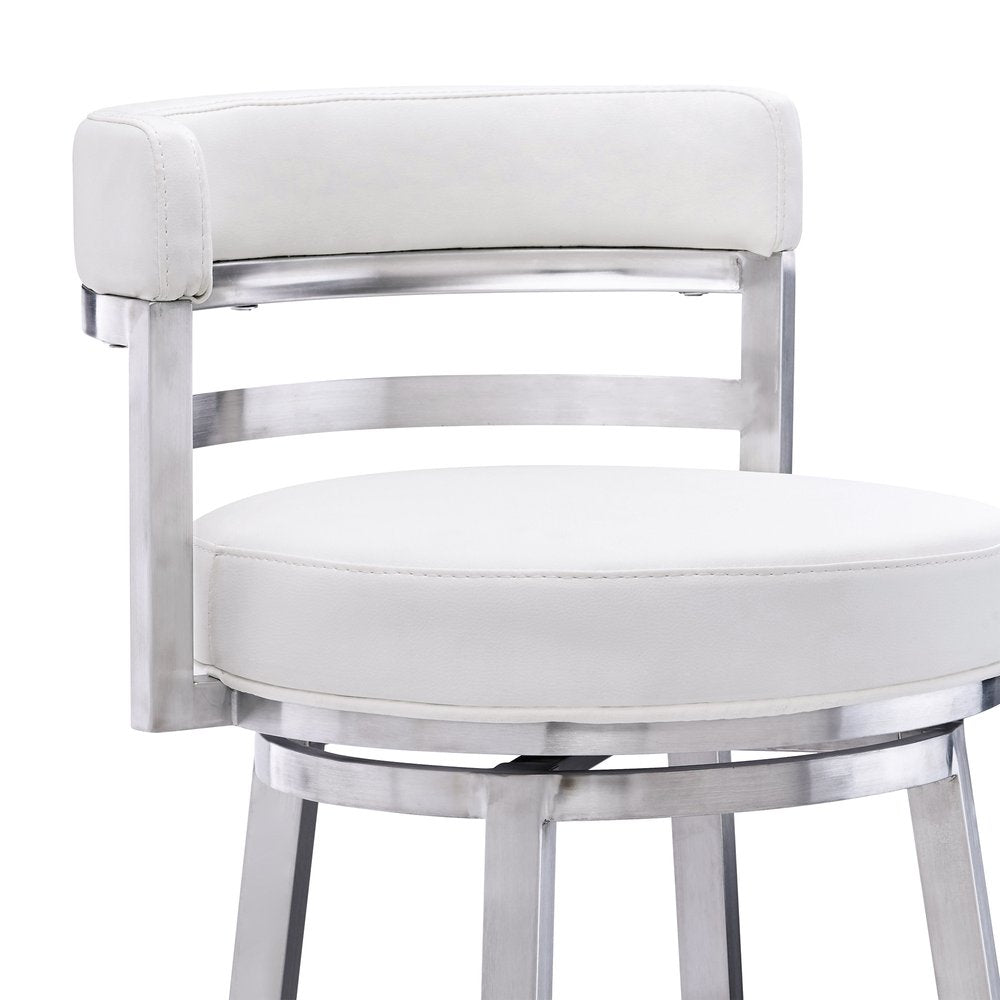 26" White And Silver Faux Leather And Faux Leather And Iron Low Back Counter Height Swivel Bar Chair