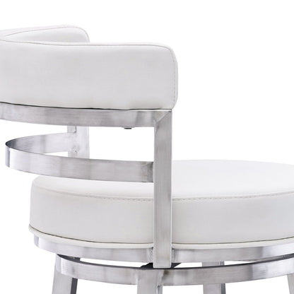 26" White And Silver Faux Leather And Faux Leather And Iron Low Back Counter Height Swivel Bar Chair