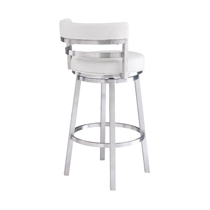 26" White And Silver Faux Leather And Faux Leather And Iron Low Back Counter Height Swivel Bar Chair
