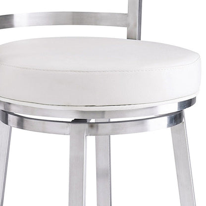 26" White And Silver Faux Leather And Faux Leather And Iron Low Back Counter Height Swivel Bar Chair
