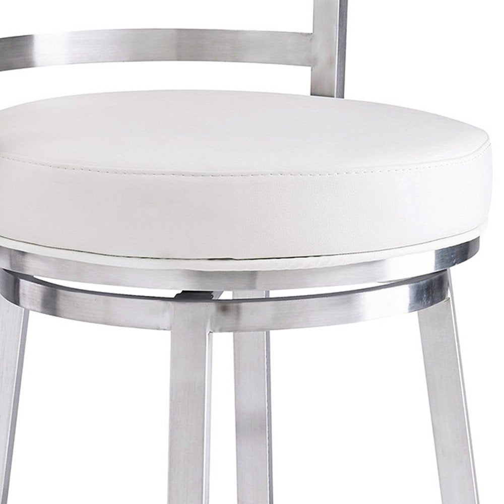 26" White And Silver Faux Leather And Faux Leather And Iron Low Back Counter Height Swivel Bar Chair