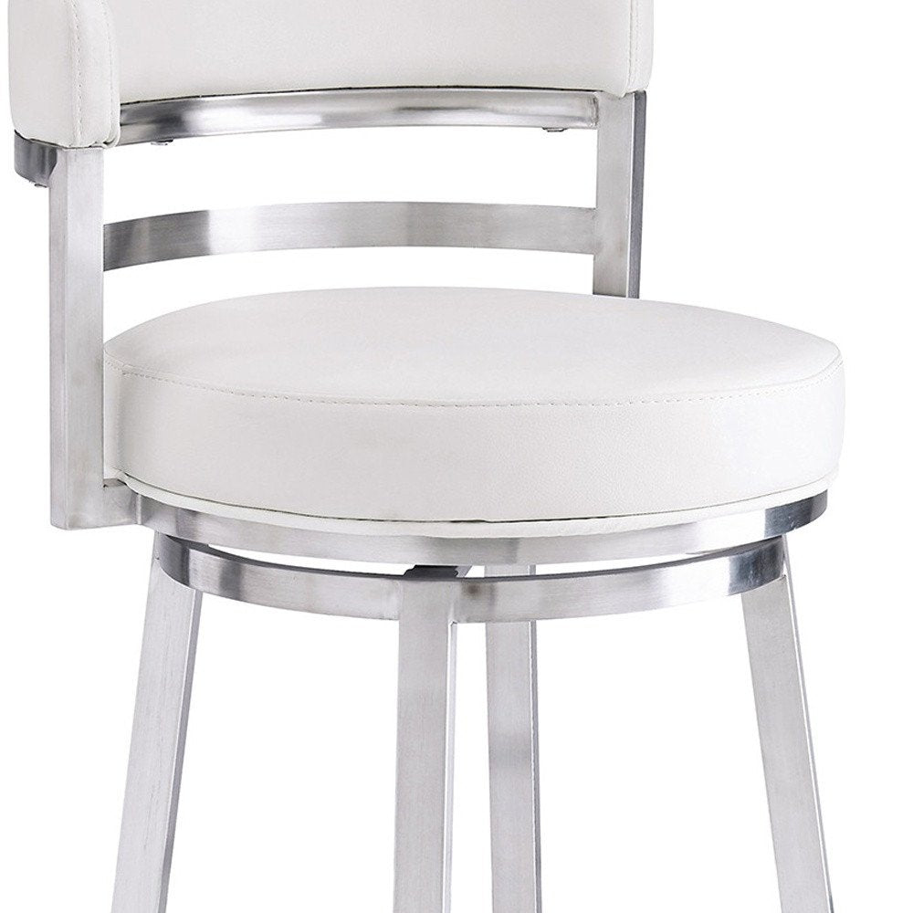 26" White And Silver Faux Leather And Faux Leather And Iron Low Back Counter Height Swivel Bar Chair