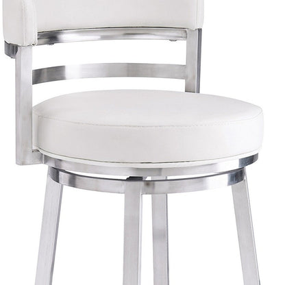 26" White And Silver Faux Leather And Faux Leather And Iron Low Back Counter Height Swivel Bar Chair