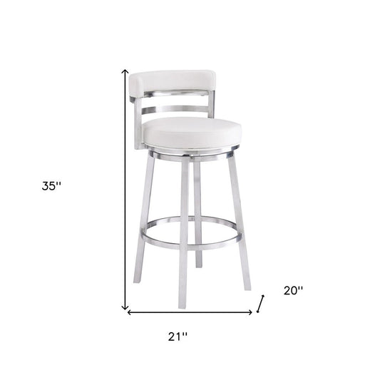 26" White And Silver Faux Leather And Faux Leather And Iron Low Back Counter Height Swivel Bar Chair
