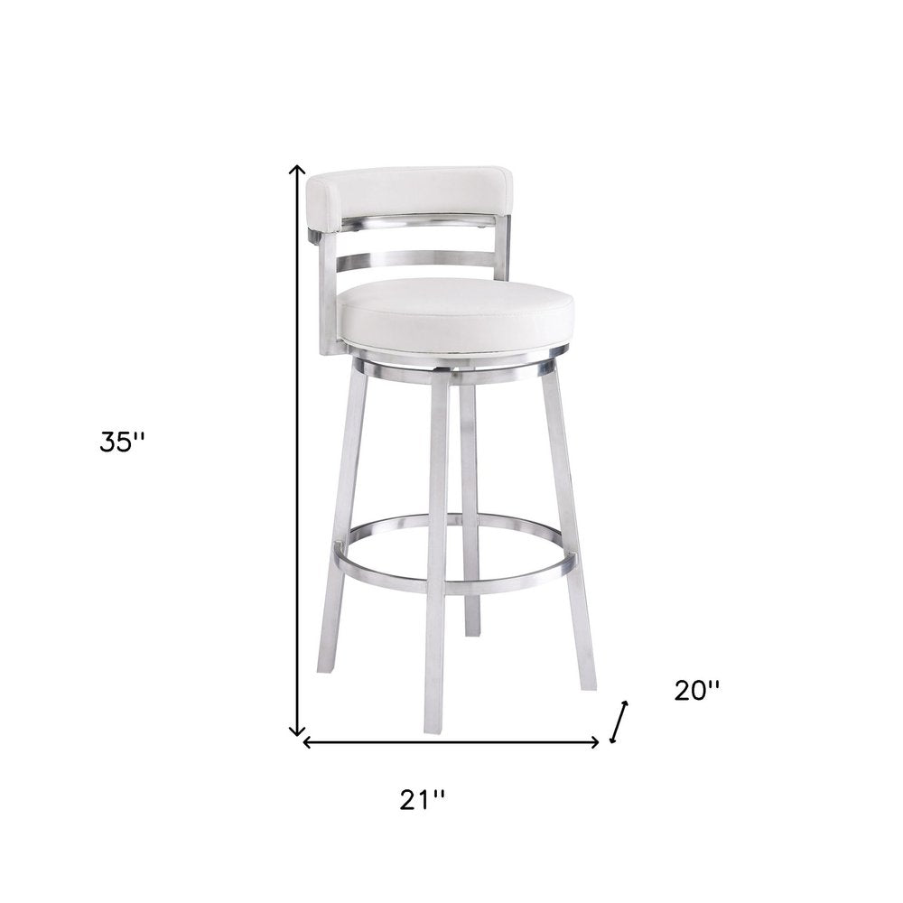 26" White And Silver Faux Leather And Faux Leather And Iron Low Back Counter Height Swivel Bar Chair