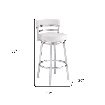 26" White And Silver Faux Leather And Faux Leather And Iron Low Back Counter Height Swivel Bar Chair