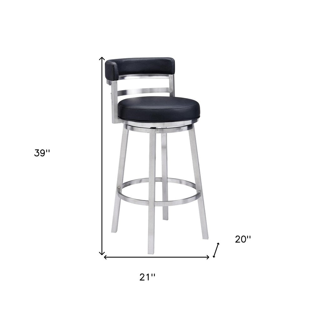 30" Black And Silver Faux Leather And Iron Low Back Bar Height Swivel Bar Chair