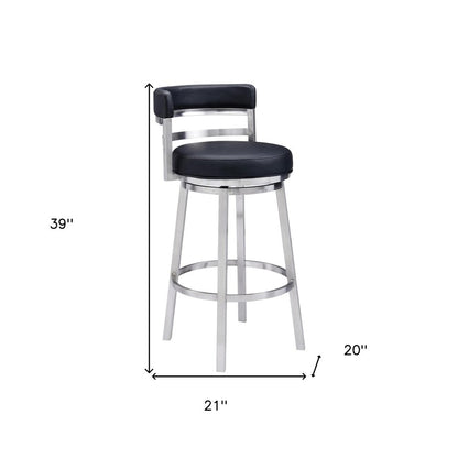 30" Black And Silver Faux Leather And Iron Low Back Bar Height Swivel Bar Chair