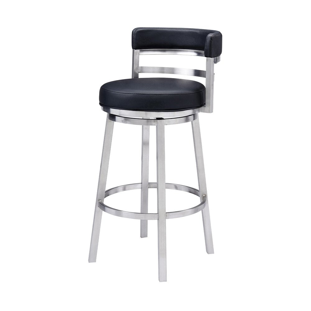 30" Black And Silver Faux Leather And Iron Low Back Bar Height Swivel Bar Chair