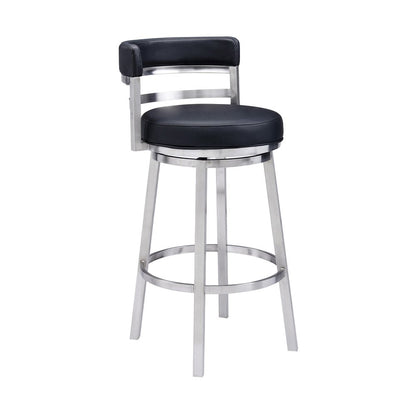 26" Black And Silver Faux Leather And Iron Low Back Counter Height Swivel Bar Chair