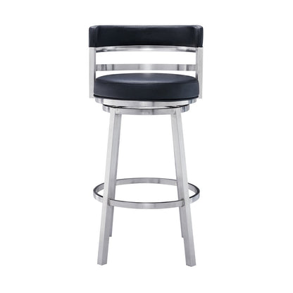 26" Black And Silver Faux Leather And Iron Low Back Counter Height Swivel Bar Chair