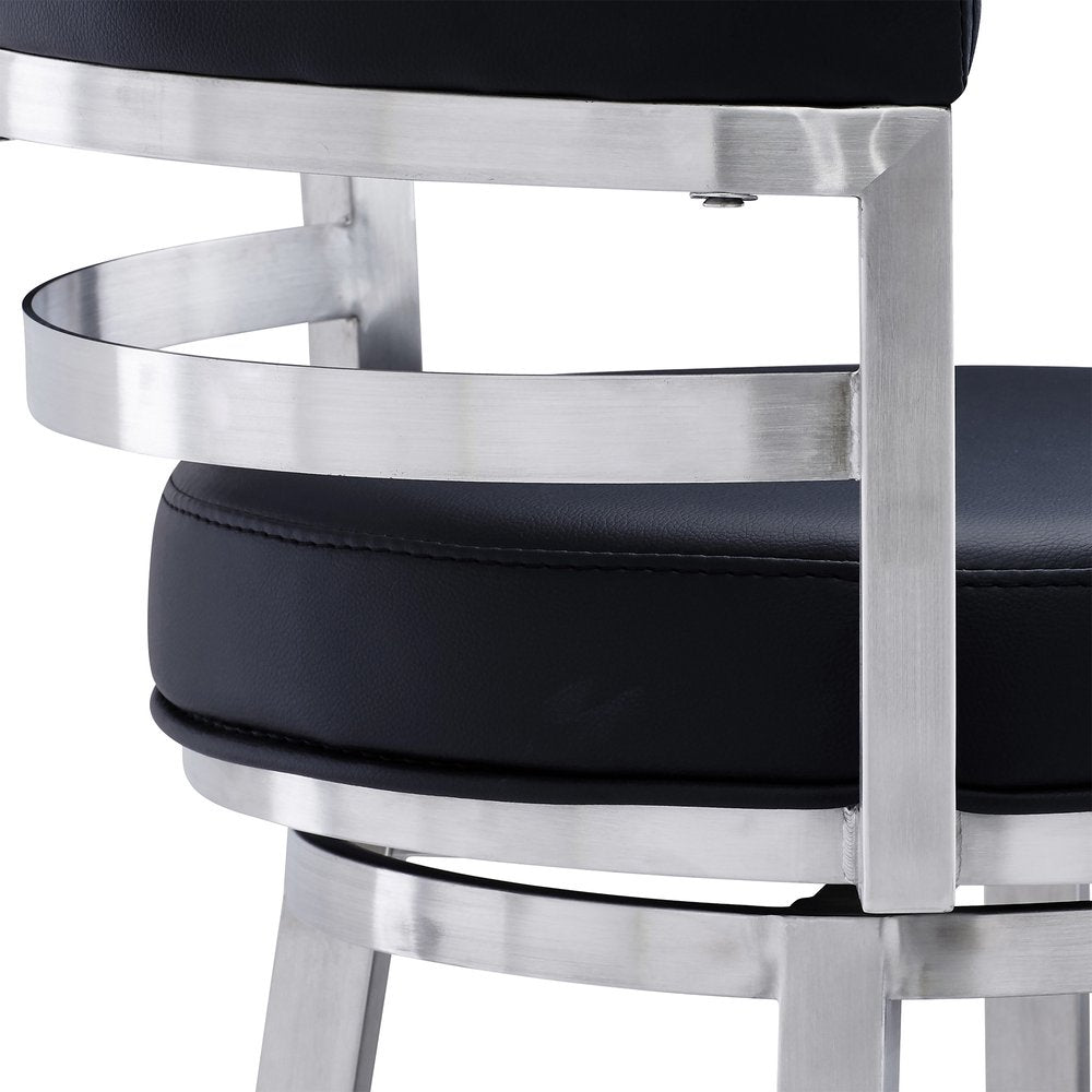 26" Black And Silver Faux Leather And Iron Low Back Counter Height Swivel Bar Chair