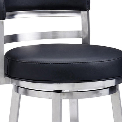 26" Black And Silver Faux Leather And Iron Low Back Counter Height Swivel Bar Chair