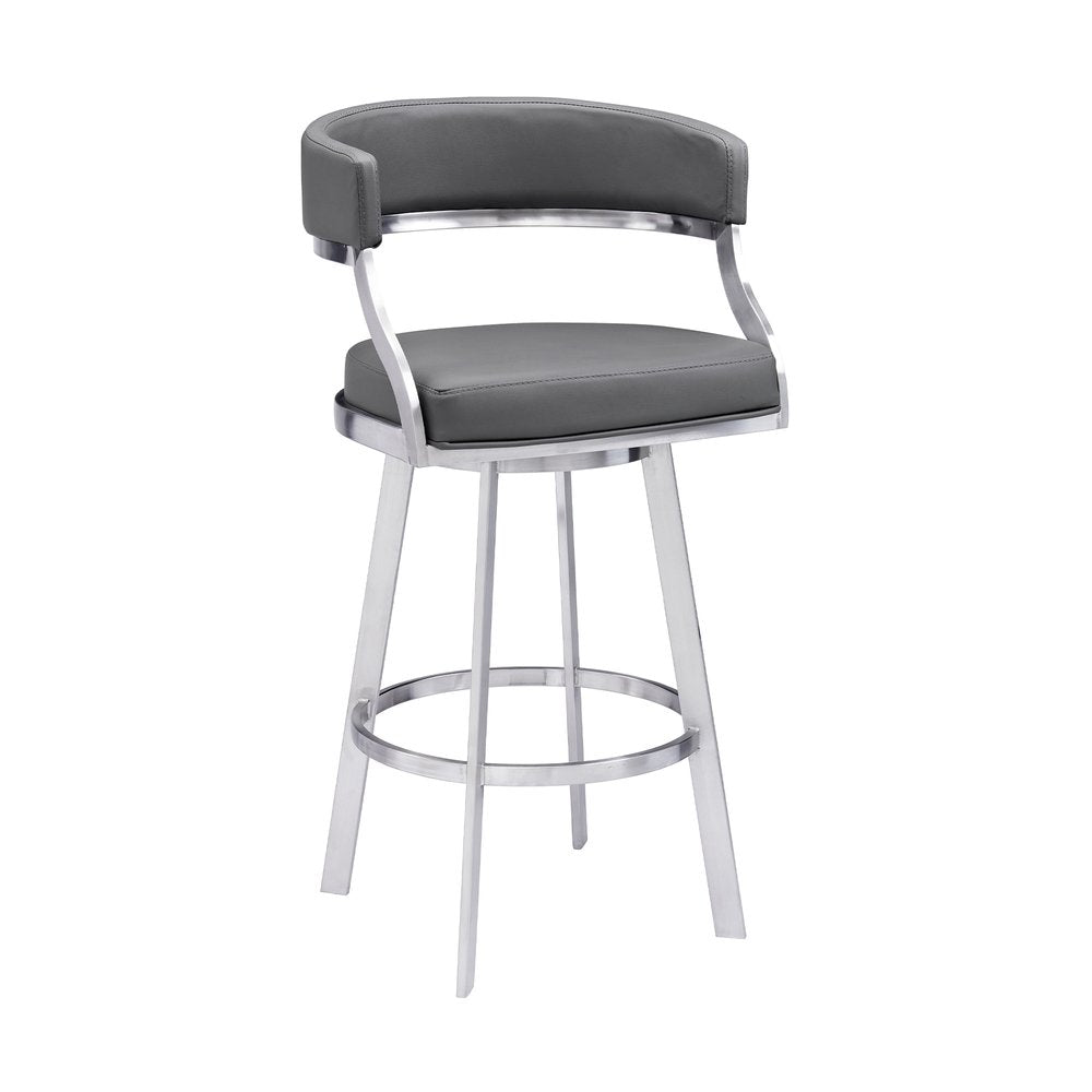 30" Gray And Silver Faux Leather And Faux Leather And Iron Low Back Bar Height Swivel Bar Chair