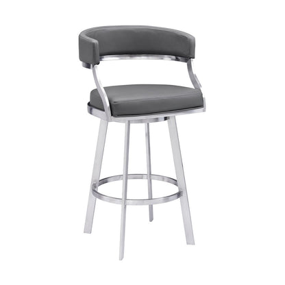 30" Gray And Silver Faux Leather And Faux Leather And Iron Low Back Bar Height Swivel Bar Chair