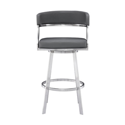 30" Gray And Silver Faux Leather And Faux Leather And Iron Low Back Bar Height Swivel Bar Chair