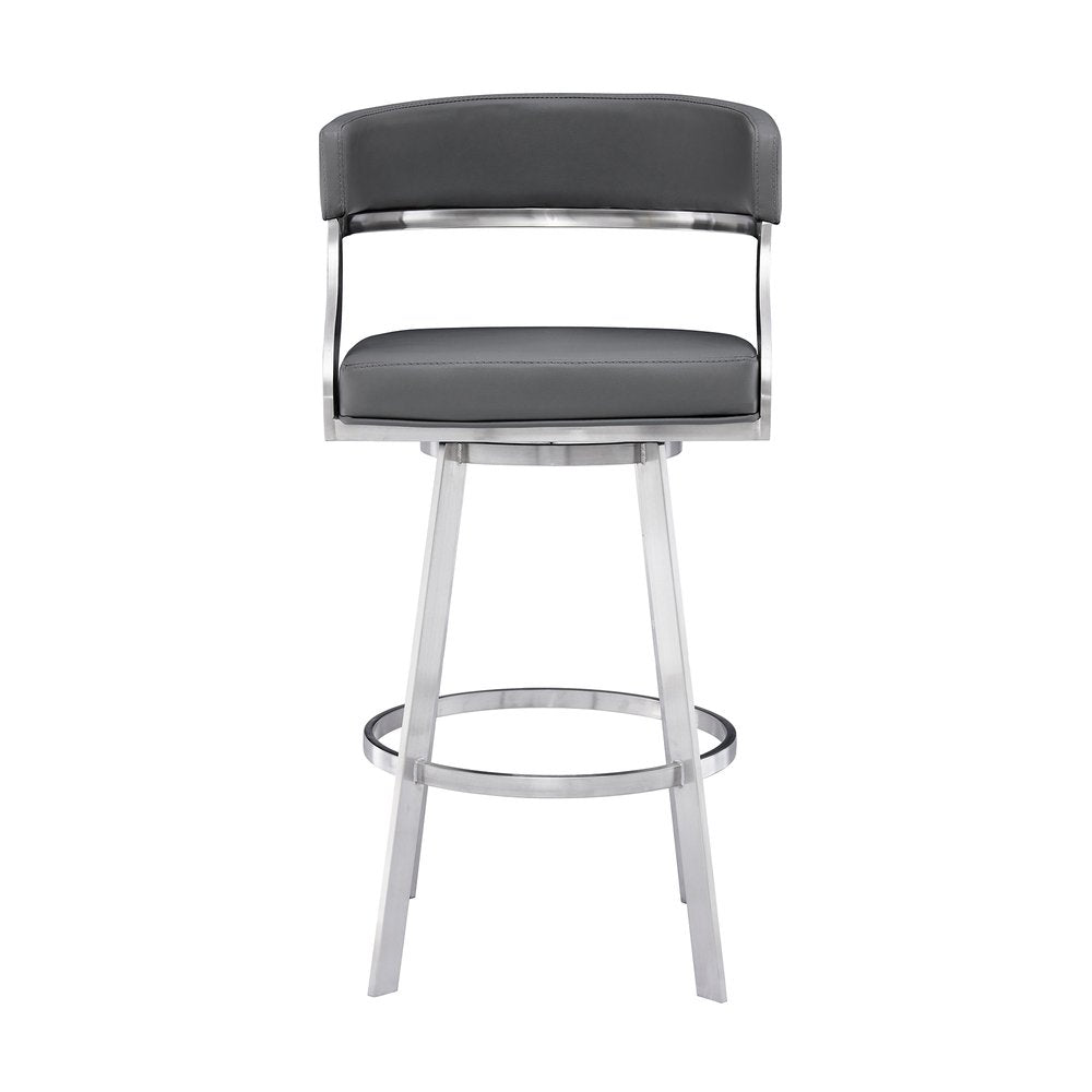 30" Gray And Silver Faux Leather And Faux Leather And Iron Low Back Bar Height Swivel Bar Chair