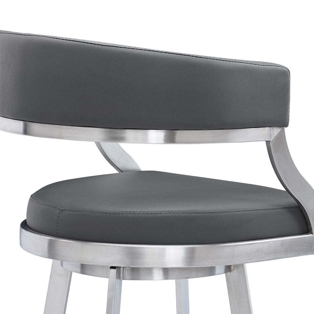 30" Gray And Silver Faux Leather And Faux Leather And Iron Low Back Bar Height Swivel Bar Chair