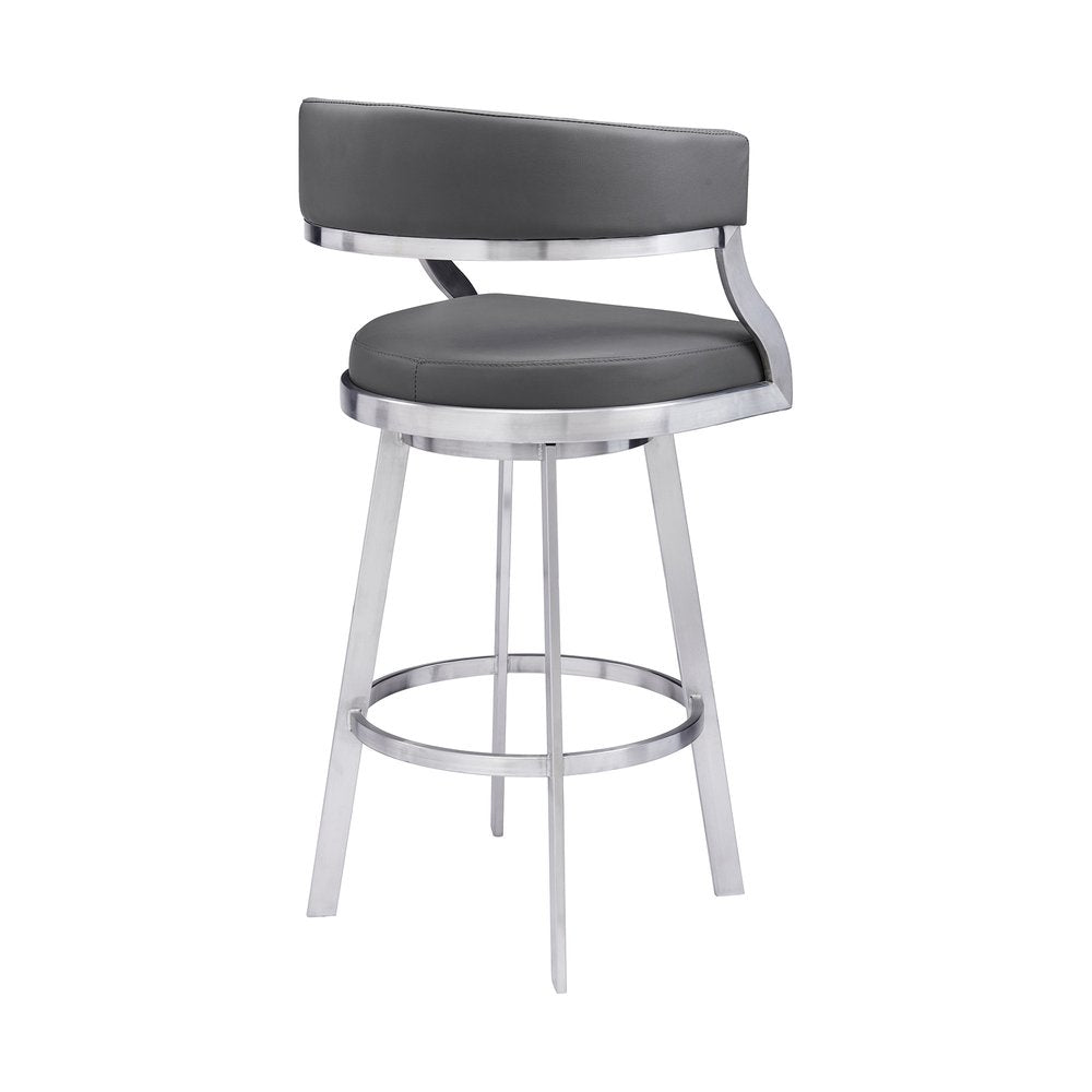 30" Gray And Silver Faux Leather And Faux Leather And Iron Low Back Bar Height Swivel Bar Chair