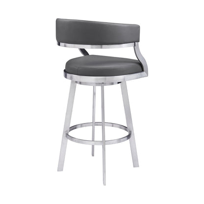 30" Gray And Silver Faux Leather And Faux Leather And Iron Low Back Bar Height Swivel Bar Chair