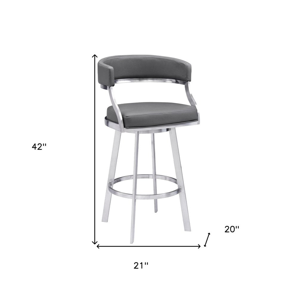 30" Gray And Silver Faux Leather And Faux Leather And Iron Low Back Bar Height Swivel Bar Chair