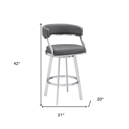 30" Gray And Silver Faux Leather And Faux Leather And Iron Low Back Bar Height Swivel Bar Chair