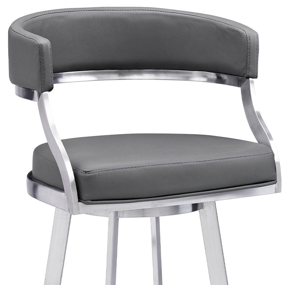 30" Gray And Silver Faux Leather And Faux Leather And Iron Low Back Bar Height Swivel Bar Chair