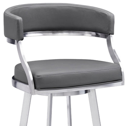 30" Gray And Silver Faux Leather And Faux Leather And Iron Low Back Bar Height Swivel Bar Chair