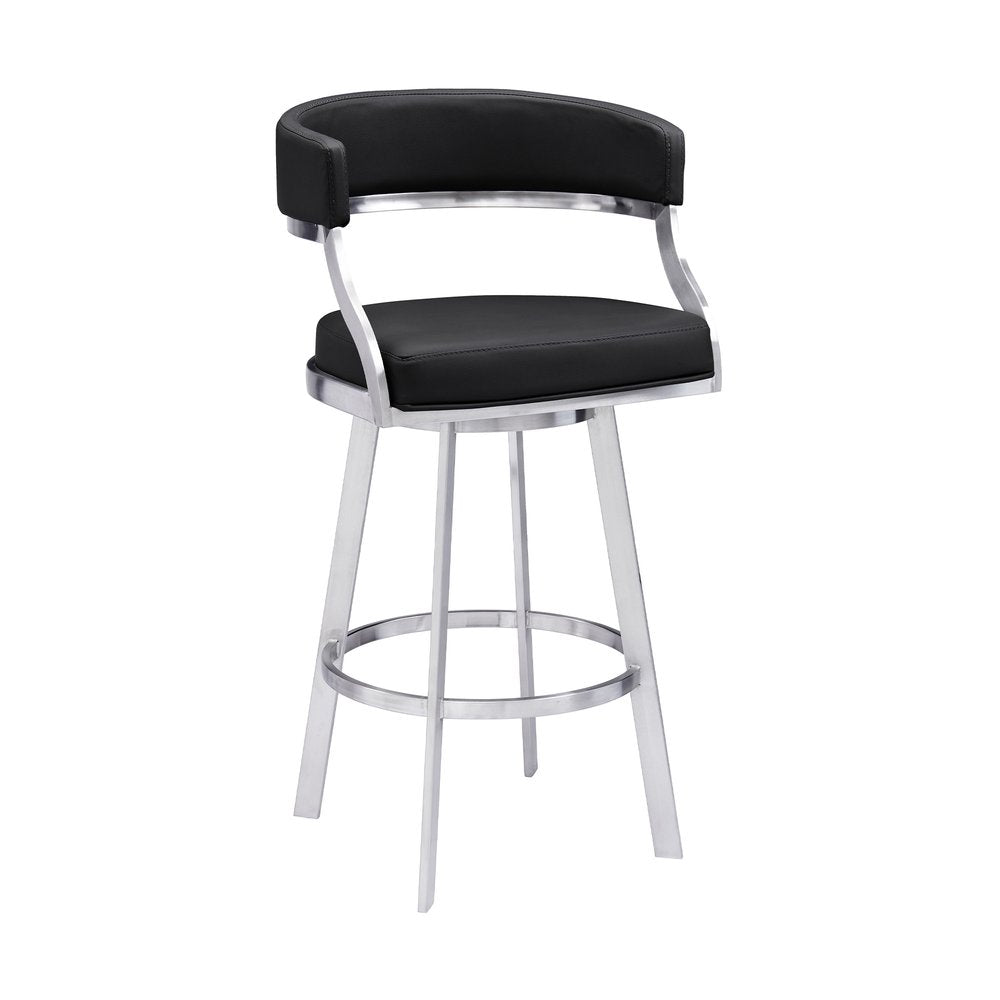 26" Black And Silver Faux Leather And Faux Leather And Iron Low Back Counter Height Swivel Bar Chair