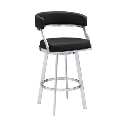 26" Black And Silver Faux Leather And Faux Leather And Iron Low Back Counter Height Swivel Bar Chair