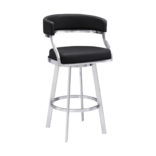 26" Black And Silver Faux Leather And Faux Leather And Iron Low Back Counter Height Swivel Bar Chair