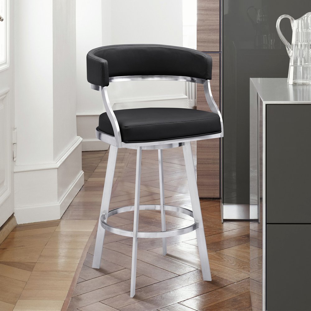 26" Black And Silver Faux Leather And Faux Leather And Iron Low Back Counter Height Swivel Bar Chair