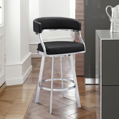 26" Black And Silver Faux Leather And Faux Leather And Iron Low Back Counter Height Swivel Bar Chair