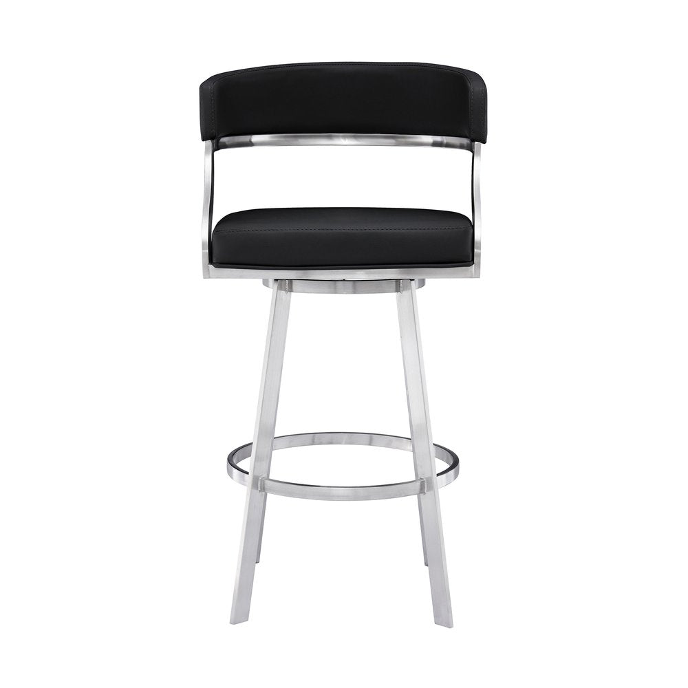 26" Black And Silver Faux Leather And Faux Leather And Iron Low Back Counter Height Swivel Bar Chair
