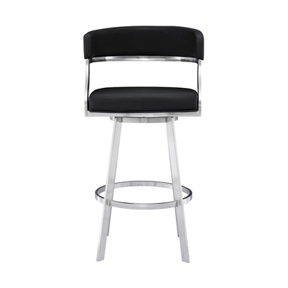 26" Black And Silver Faux Leather And Faux Leather And Iron Low Back Counter Height Swivel Bar Chair