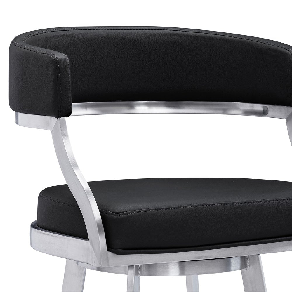 26" Black And Silver Faux Leather And Faux Leather And Iron Low Back Counter Height Swivel Bar Chair