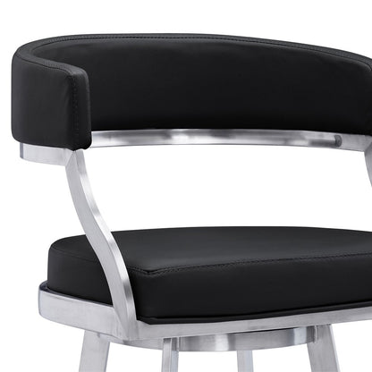 26" Black And Silver Faux Leather And Faux Leather And Iron Low Back Counter Height Swivel Bar Chair