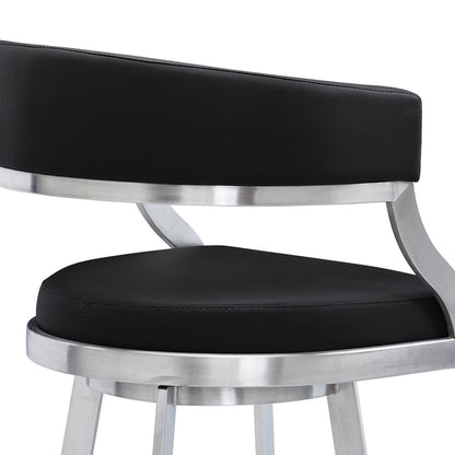 26" Black And Silver Faux Leather And Faux Leather And Iron Low Back Counter Height Swivel Bar Chair