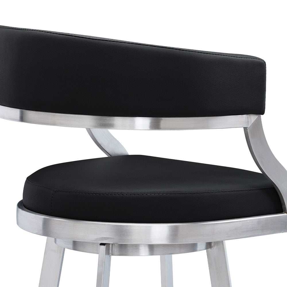 26" Black And Silver Faux Leather And Faux Leather And Iron Low Back Counter Height Swivel Bar Chair