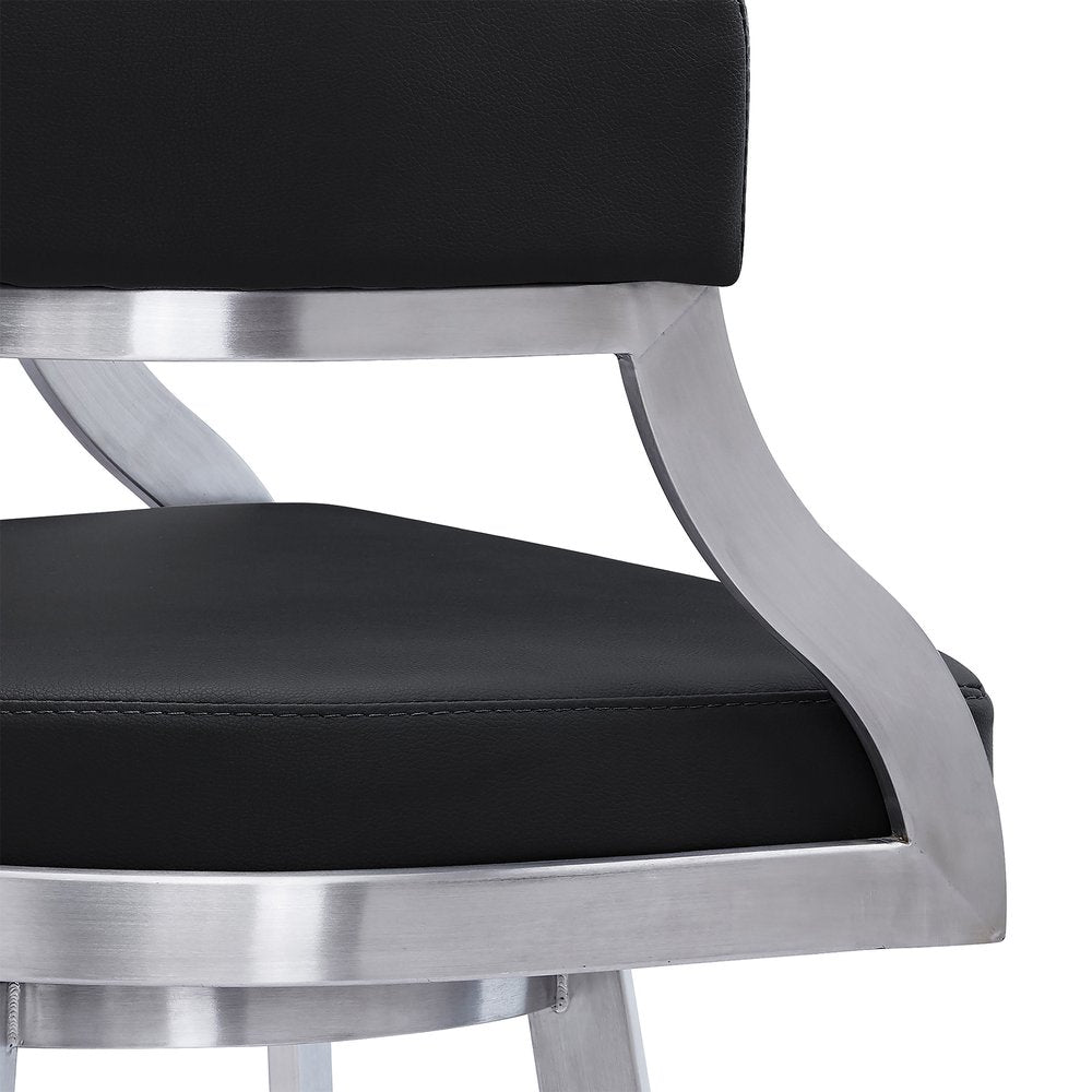 26" Black And Silver Faux Leather And Faux Leather And Iron Low Back Counter Height Swivel Bar Chair