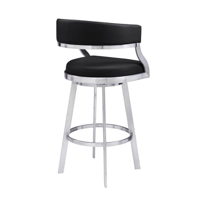 26" Black And Silver Faux Leather And Faux Leather And Iron Low Back Counter Height Swivel Bar Chair