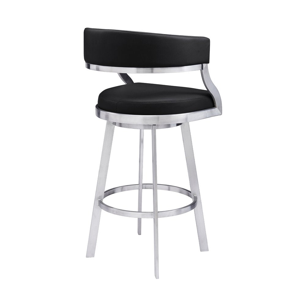 26" Black And Silver Faux Leather And Faux Leather And Iron Low Back Counter Height Swivel Bar Chair