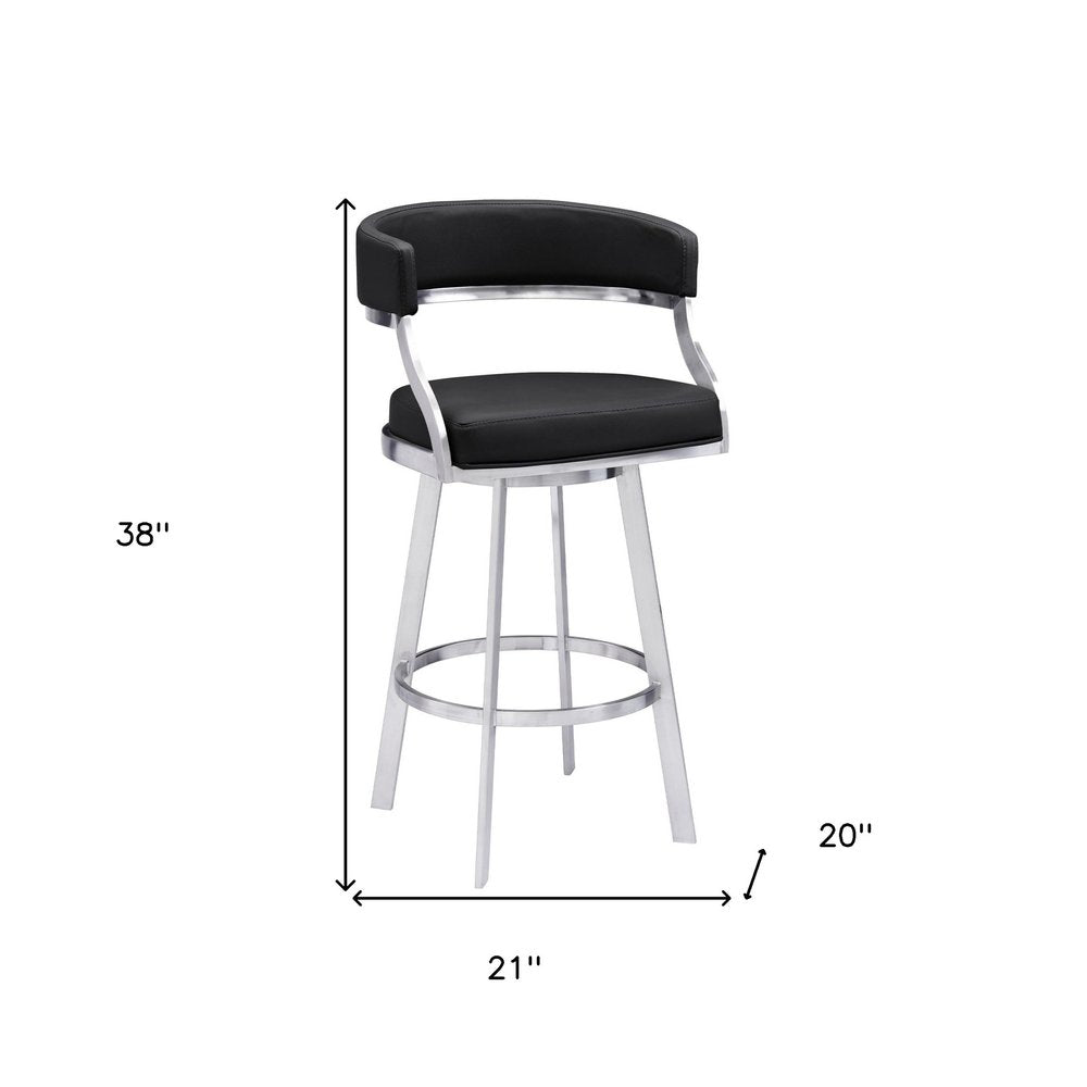 26" Black And Silver Faux Leather And Faux Leather And Iron Low Back Counter Height Swivel Bar Chair
